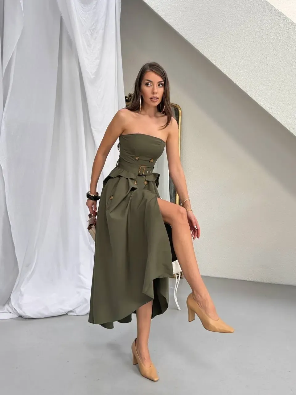 Straplez Bel Kemer Detay Elbise Haki