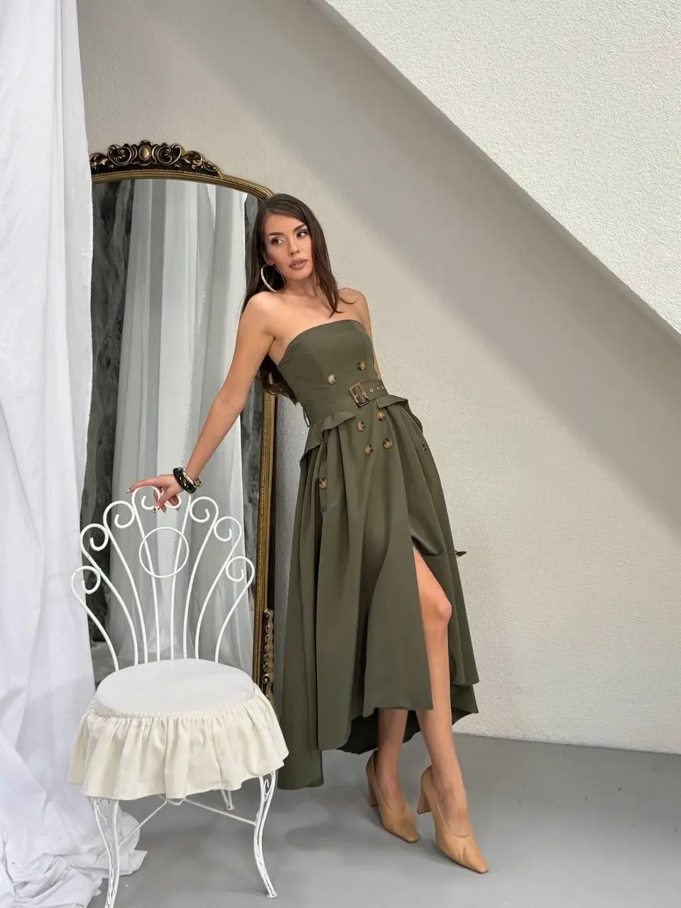 Straplez Bel Kemer Detay Elbise Haki