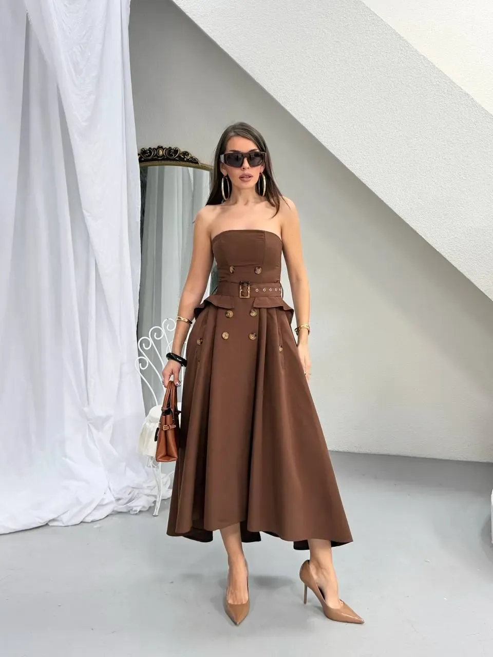 Straplez Bel Kemer Detay Elbise Kahve