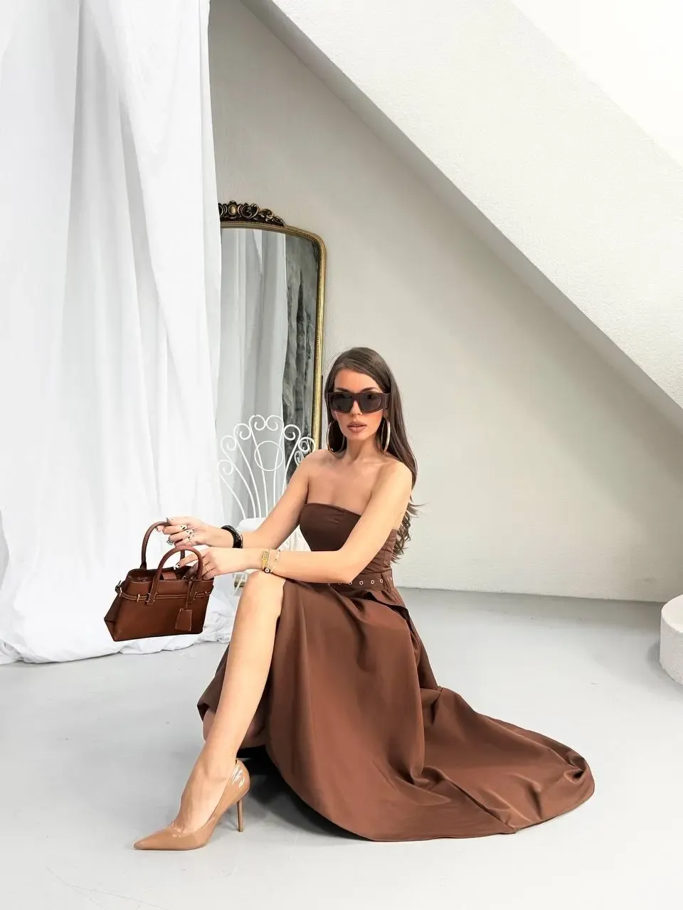 Straplez Bel Kemer Detay Elbise Kahve