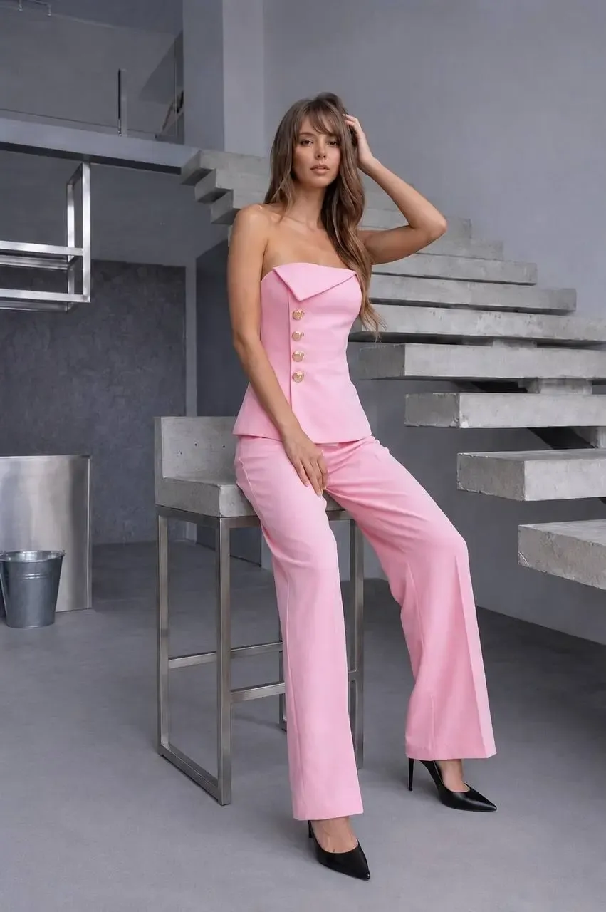 Straplez Bluz ve Pantalon  Alt Üst Takım Pembe