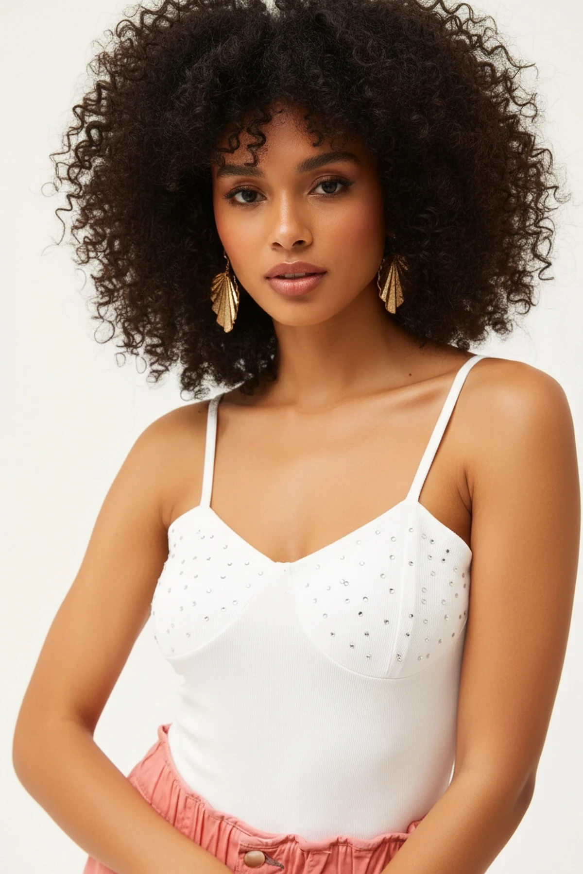 Taş Detaylı Askılı Crop Bluz Beyaz