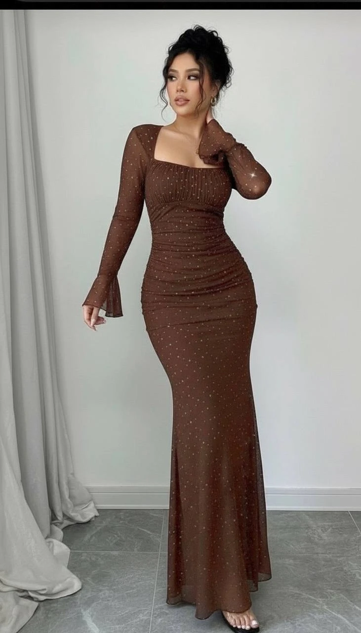 Taş İşleme Full Likralı Maxi Boy Elbise Kahve