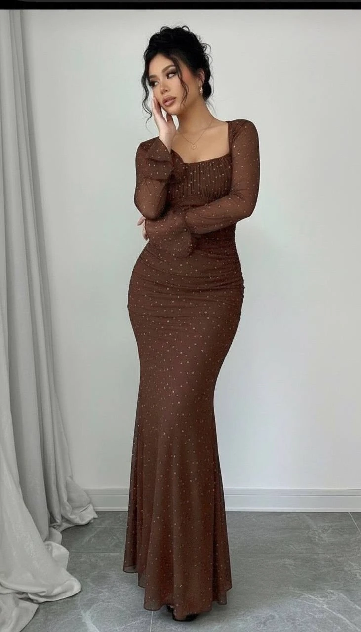 Taş İşleme Full Likralı Maxi Boy Elbise Kahve