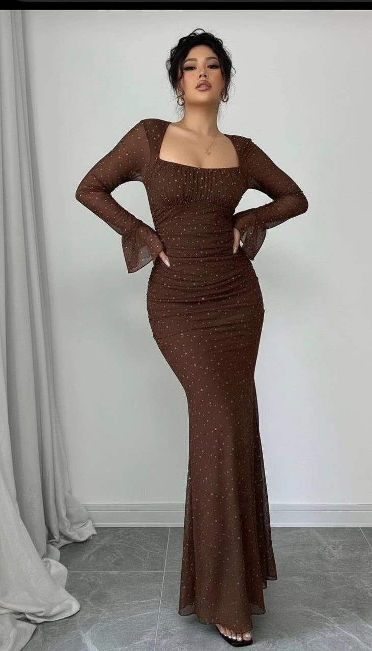 Taş İşleme Full Likralı Maxi Boy Elbise Kahve