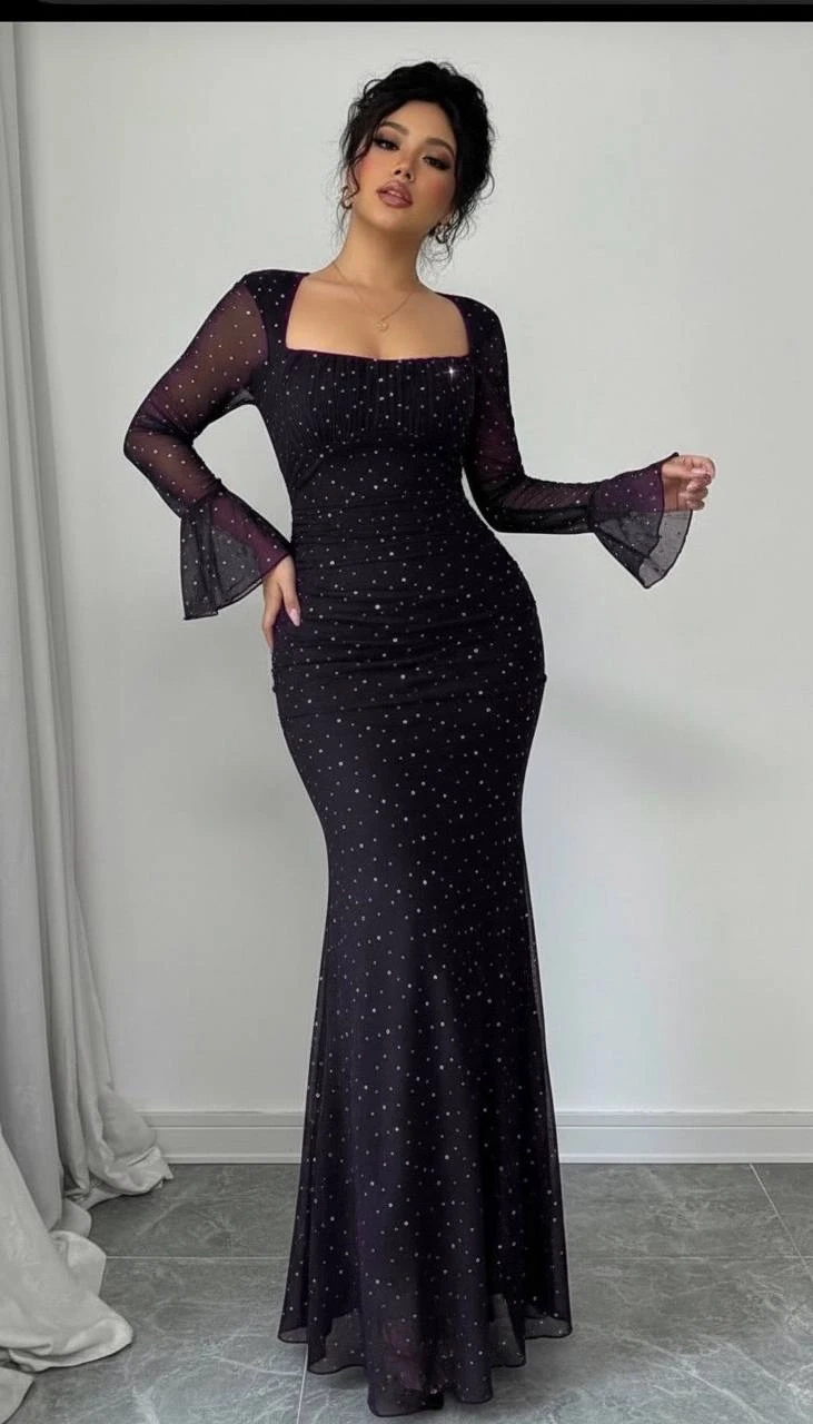 Taş İşleme Full Likralı Maxi Boy Elbise Siyah