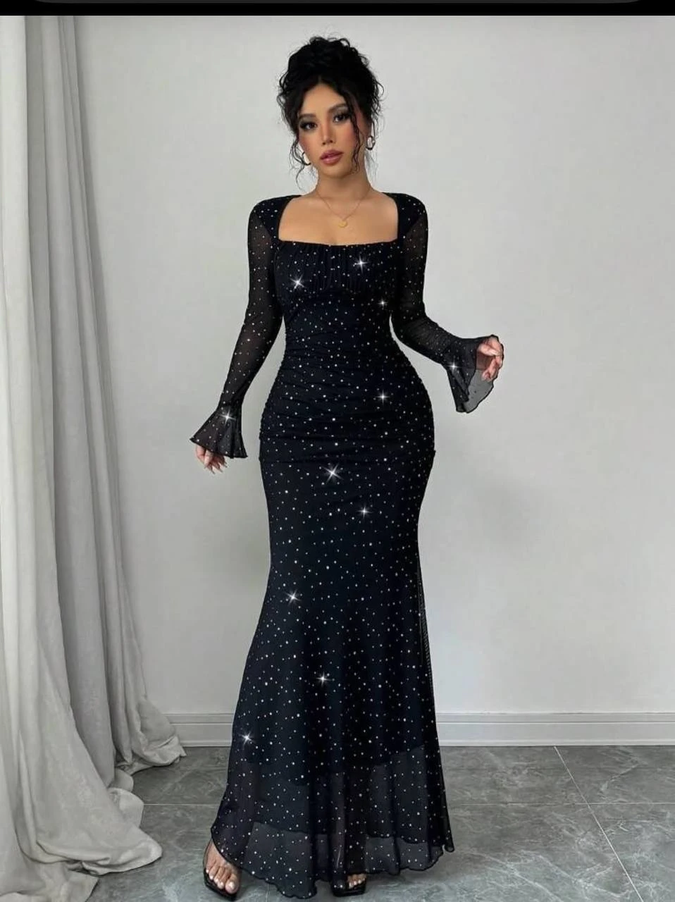 Taş İşleme Full Likralı Maxi Boy Elbise Siyah