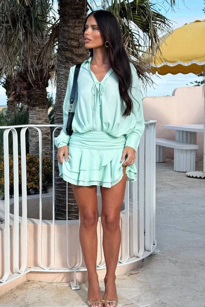 Tensel Kumaş Volanlı Mini Elbise