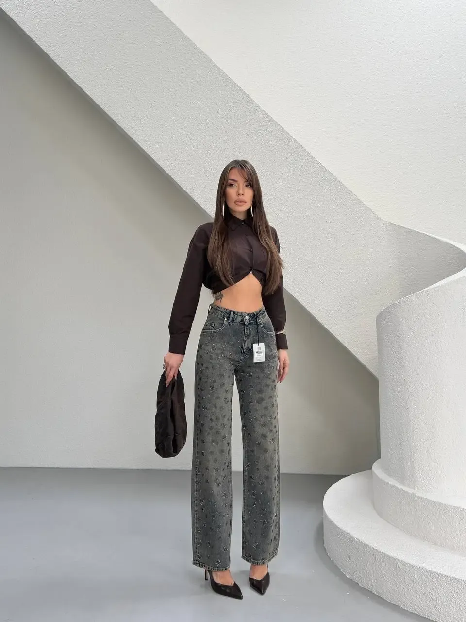 Tik Likra Leopar Taşlı Straightfit Jeans