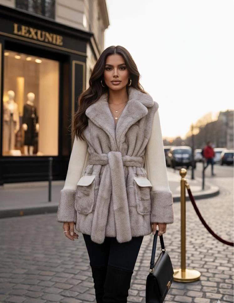 Triko Kol Garnili Kürk Mont Gri