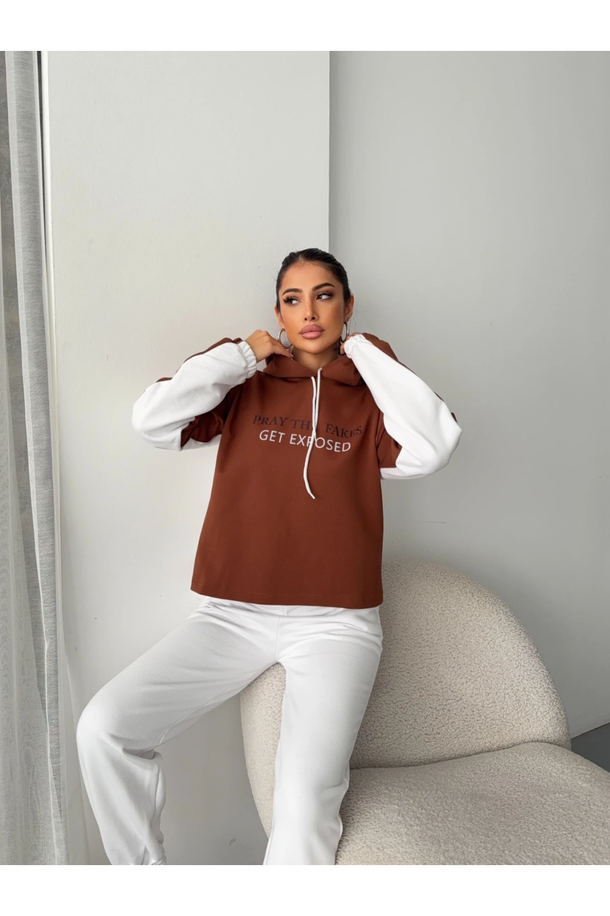 Üç İplik Kapşonlu Basklılı Takım Gri