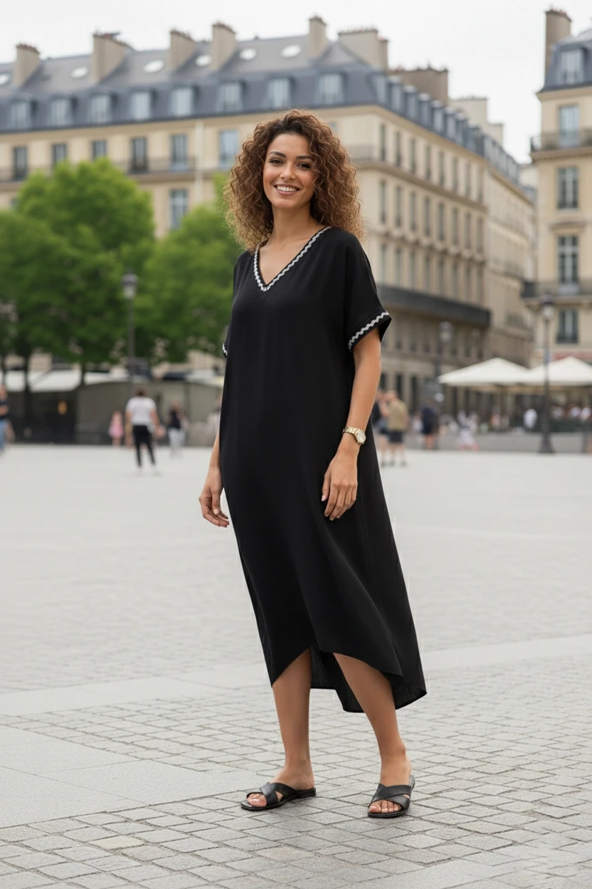 V Yaka Kısa Kollu Şerit Desenli Elbise