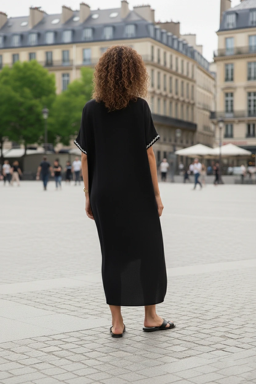 V Yaka Kısa Kollu Şerit Desenli Elbise