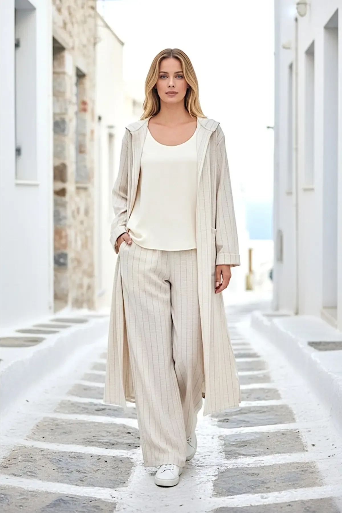 Kadın Siyah Çizgili Kapşonlu Uzun Keten Takım