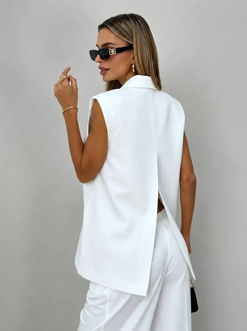 Vatkalı Blazer Yelek ve Pantalon Takım Beyaz