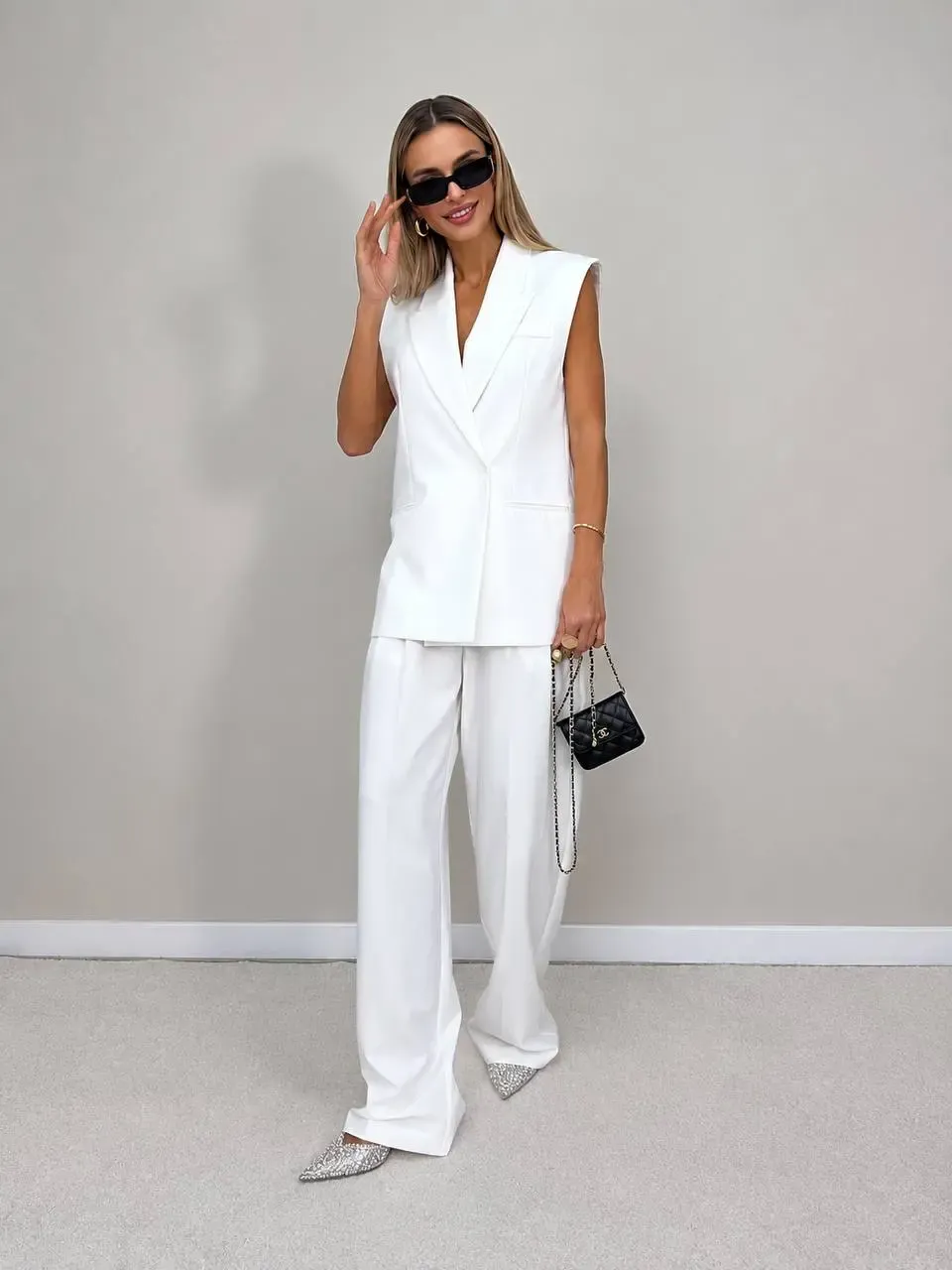 Vatkalı Blazer Yelek ve Pantalon Takım Beyaz