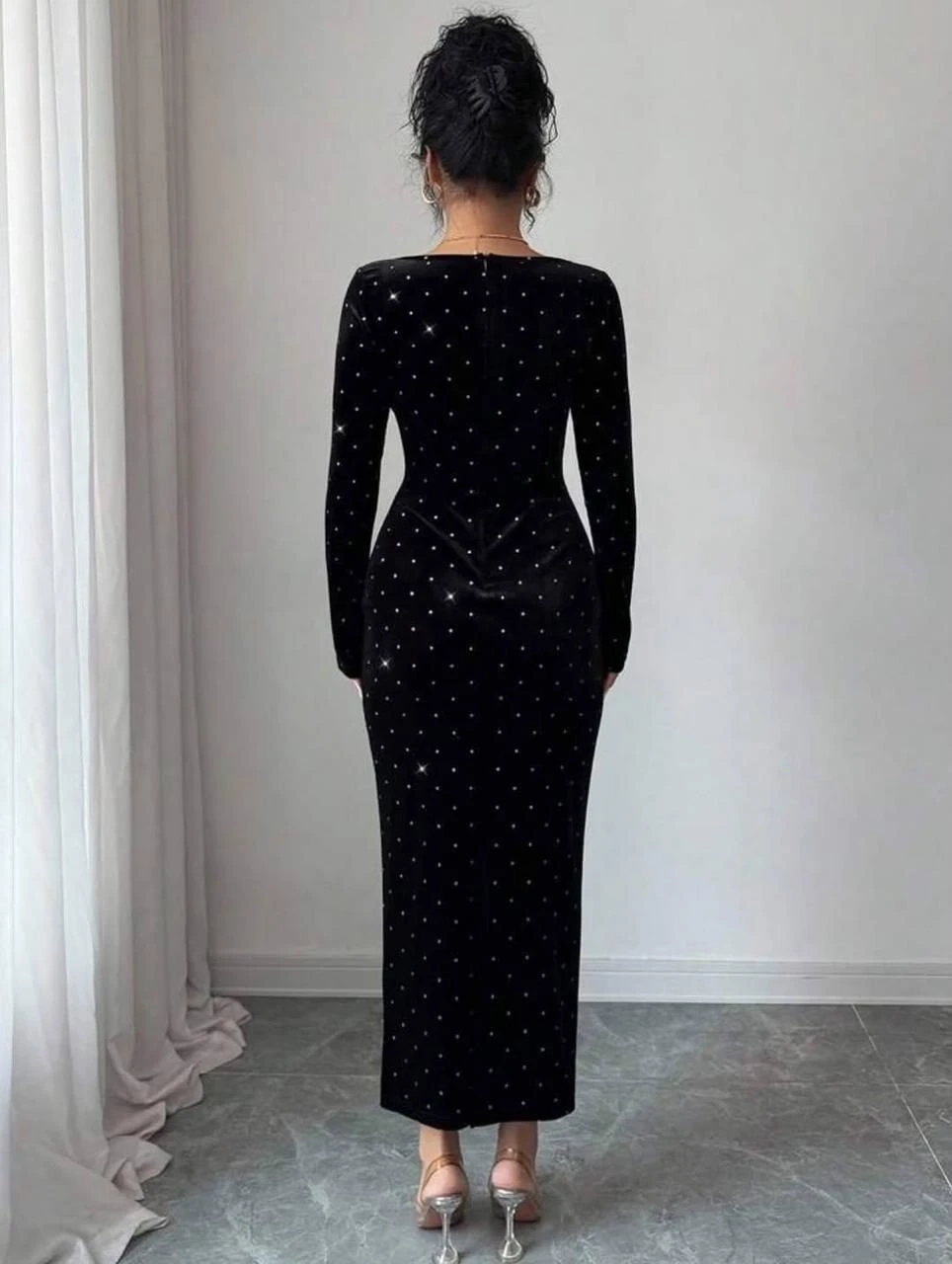 Velvet Kadife Taş ve Kürk Detay Maxi Boy Elbise