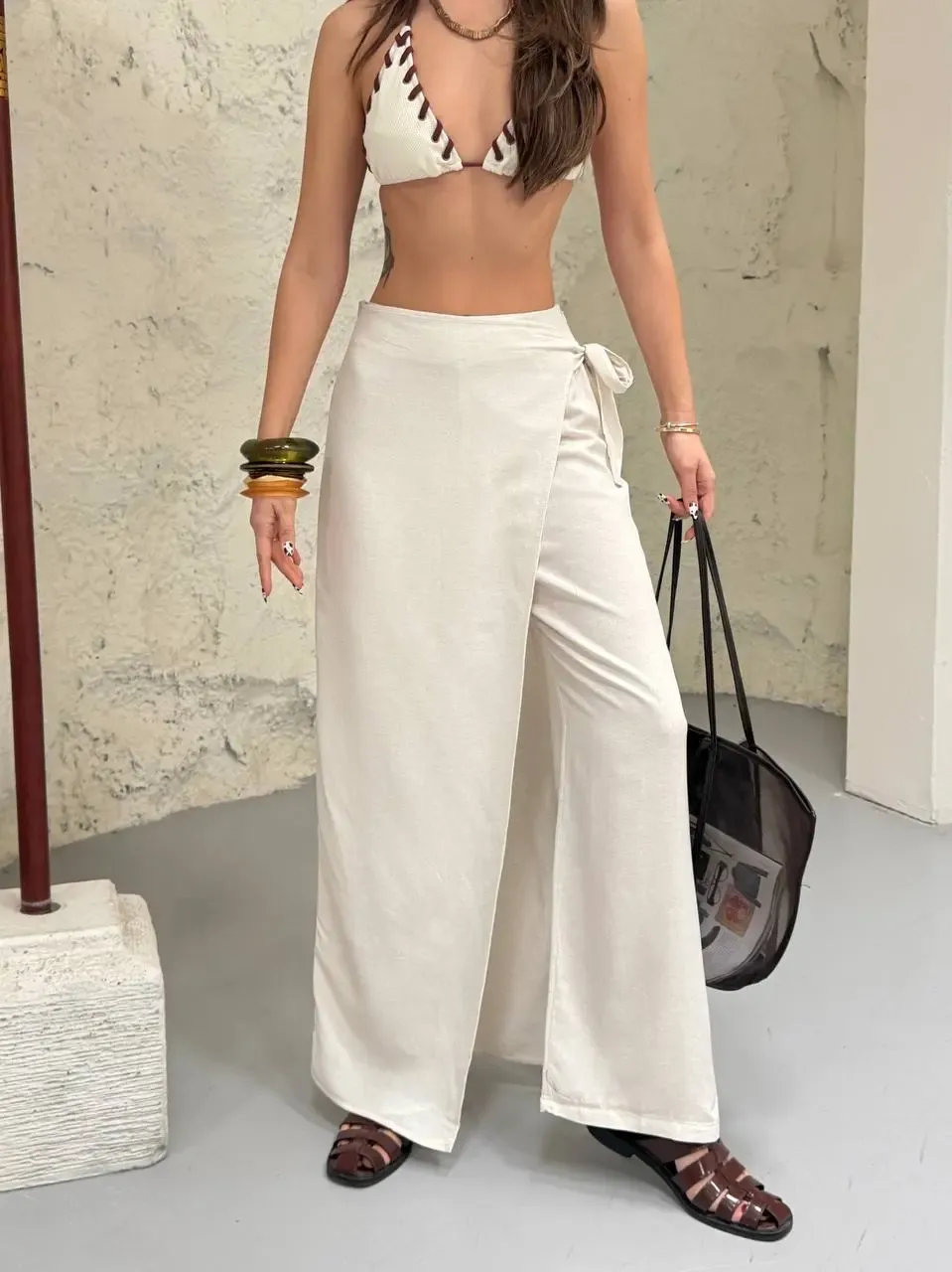 Viskon Keten Bağlama Detay Pantalon Ekru