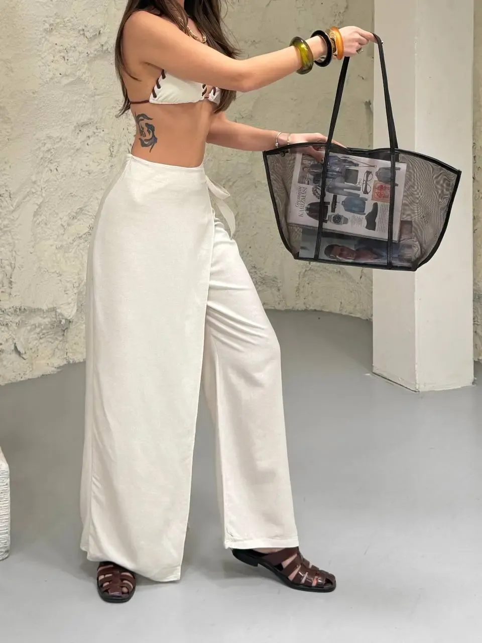 Viskon Keten Bağlama Detay Pantalon Ekru