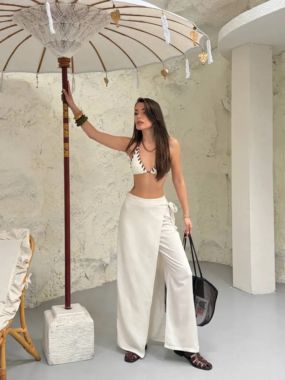 Viskon Keten Bağlama Detay Pantalon Ekru