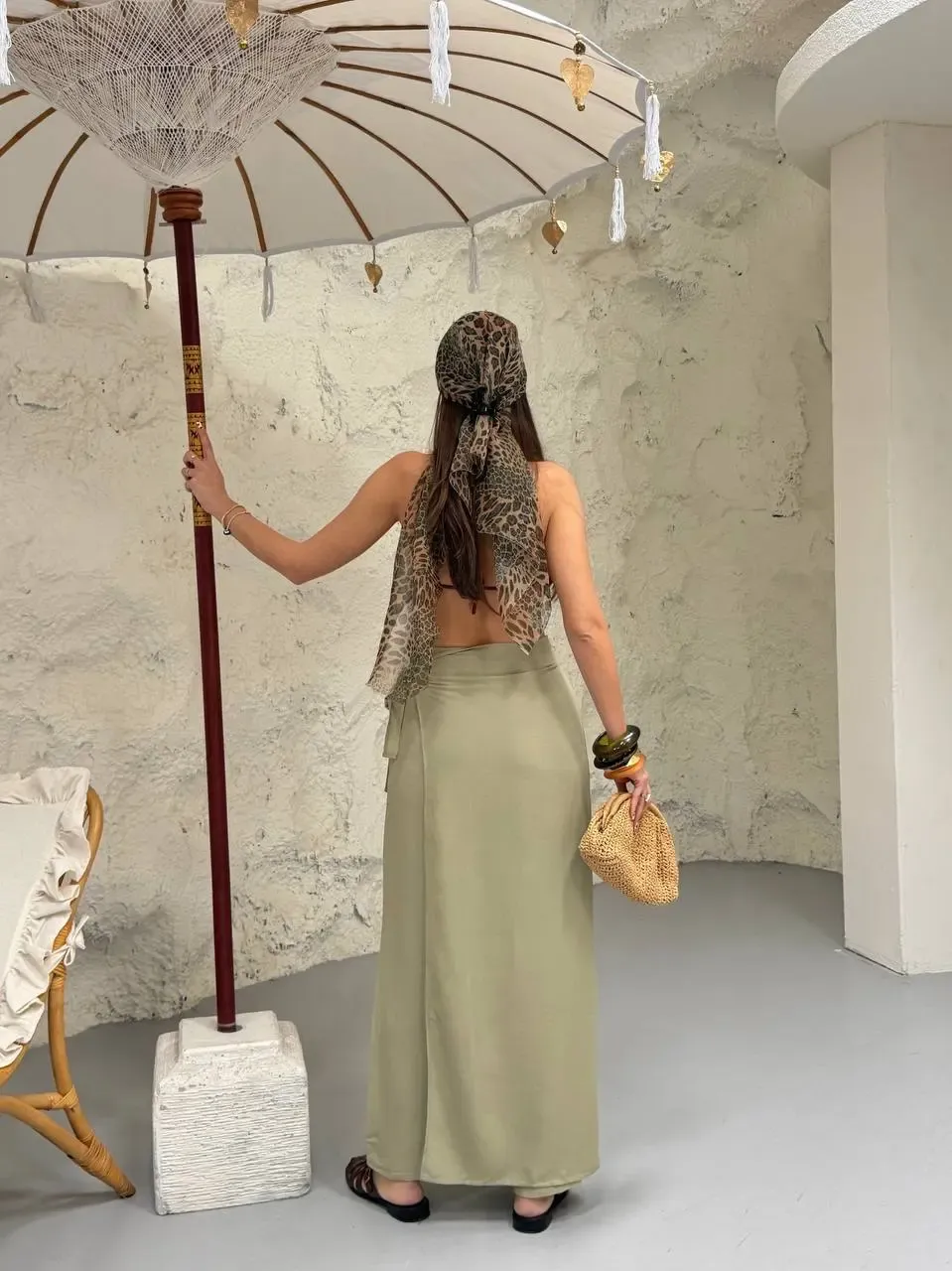 Viskon Keten Bağlama Detay Pantalon Haki