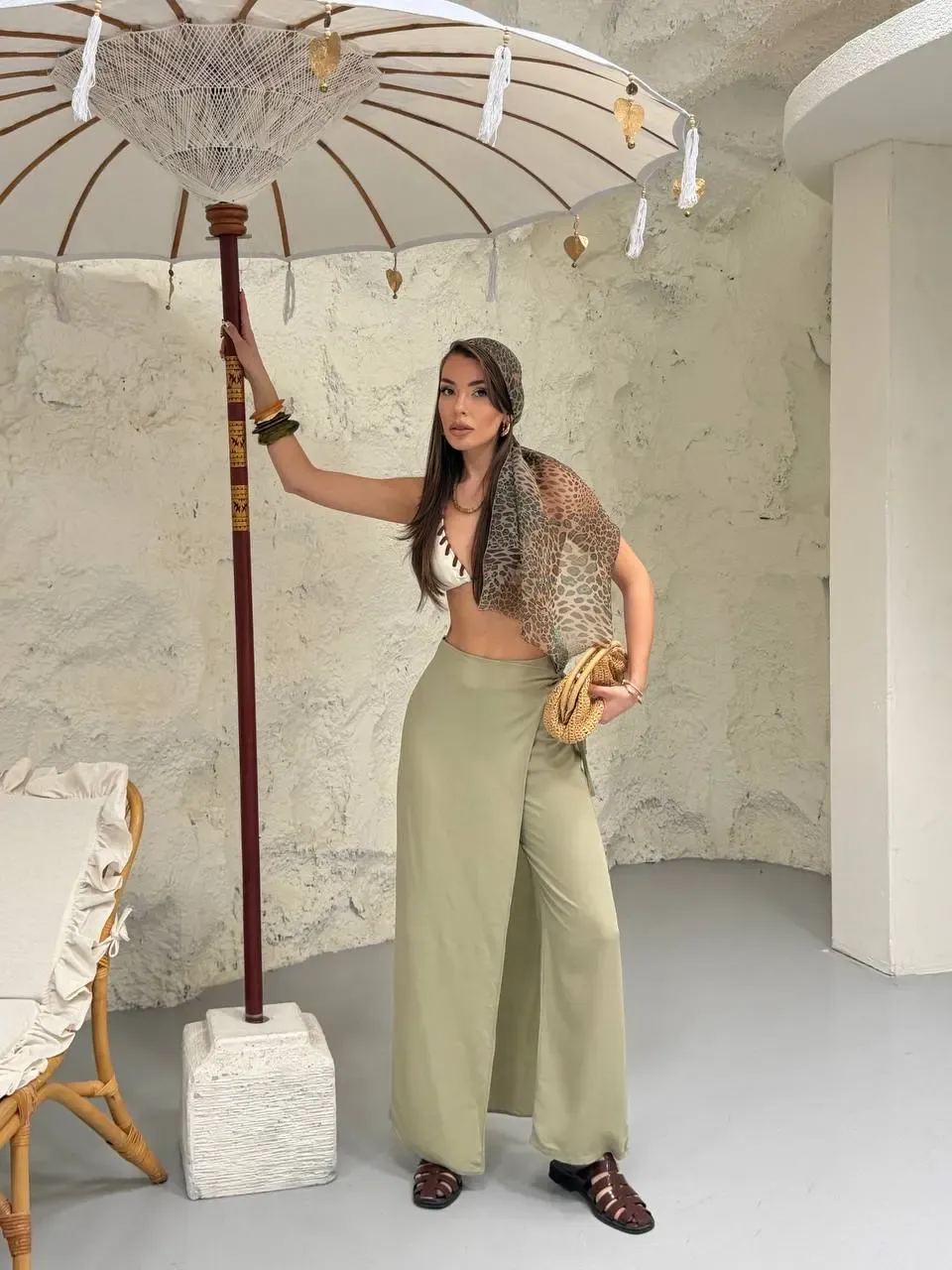 Viskon Keten Bağlama Detay Pantalon Haki