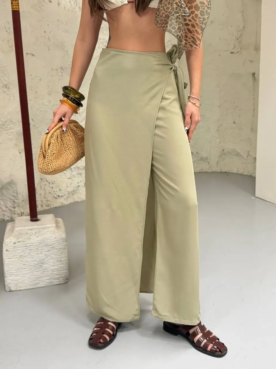 Viskon Keten Bağlama Detay Pantalon Haki