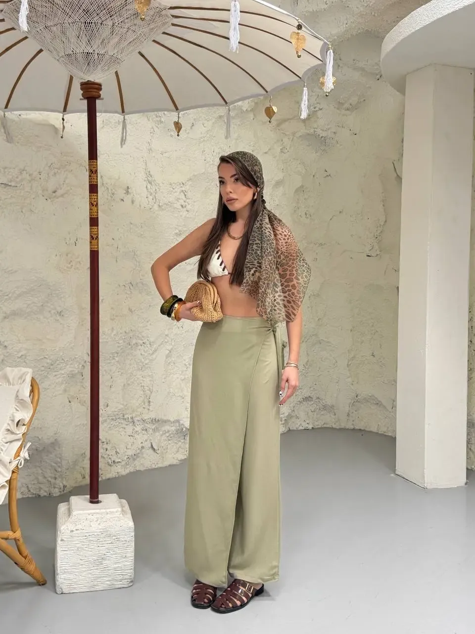 Viskon Keten Bağlama Detay Pantalon Haki