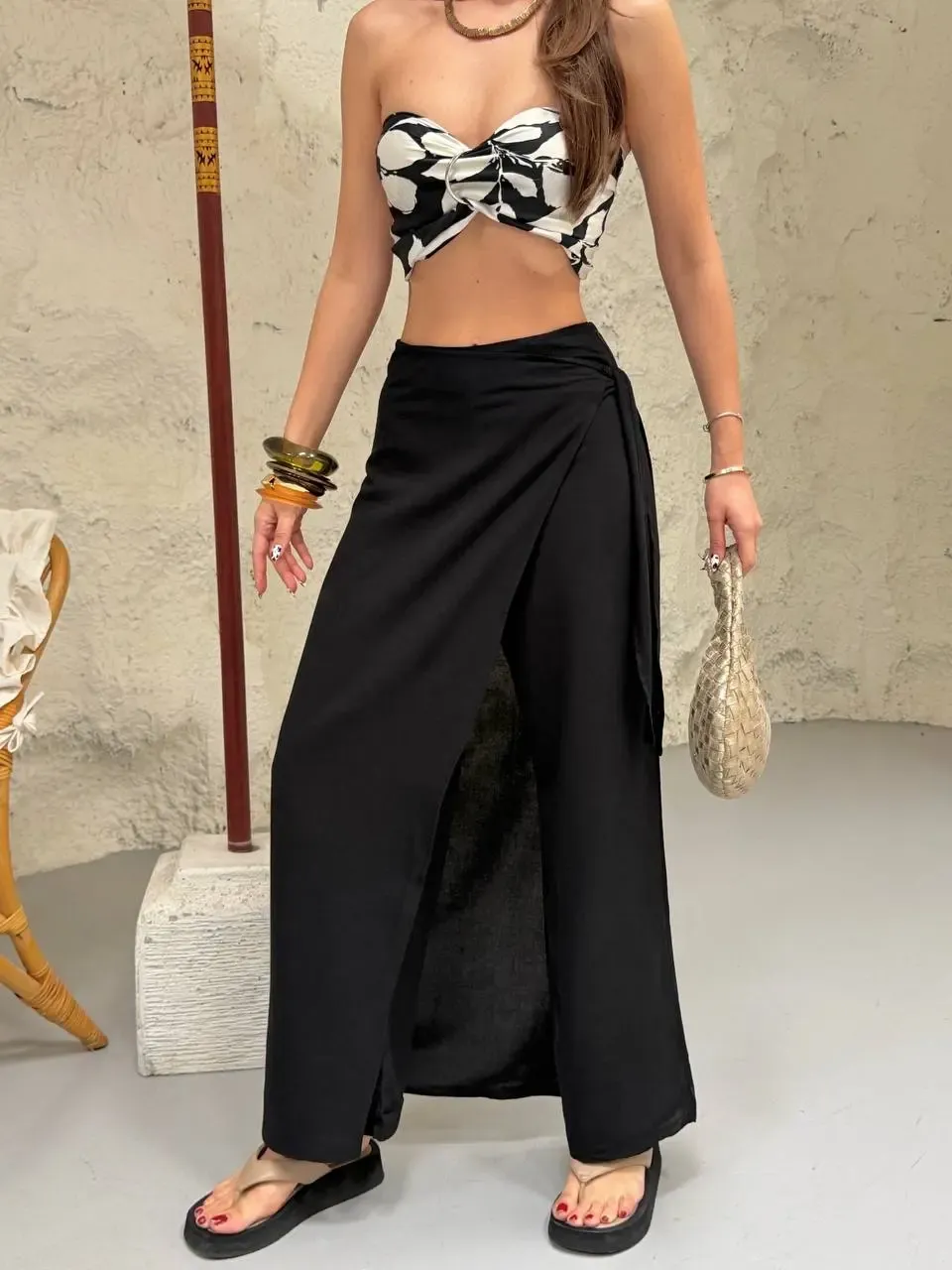 Viskon Keten Bağlama Detay Pantalon Siyah