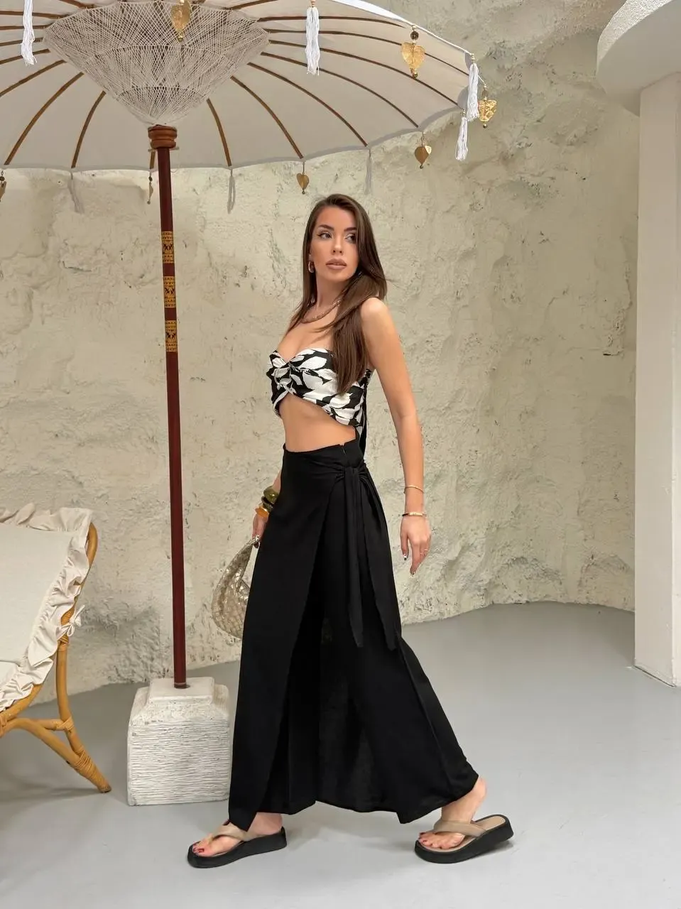 Viskon Keten Bağlama Detay Pantalon Siyah