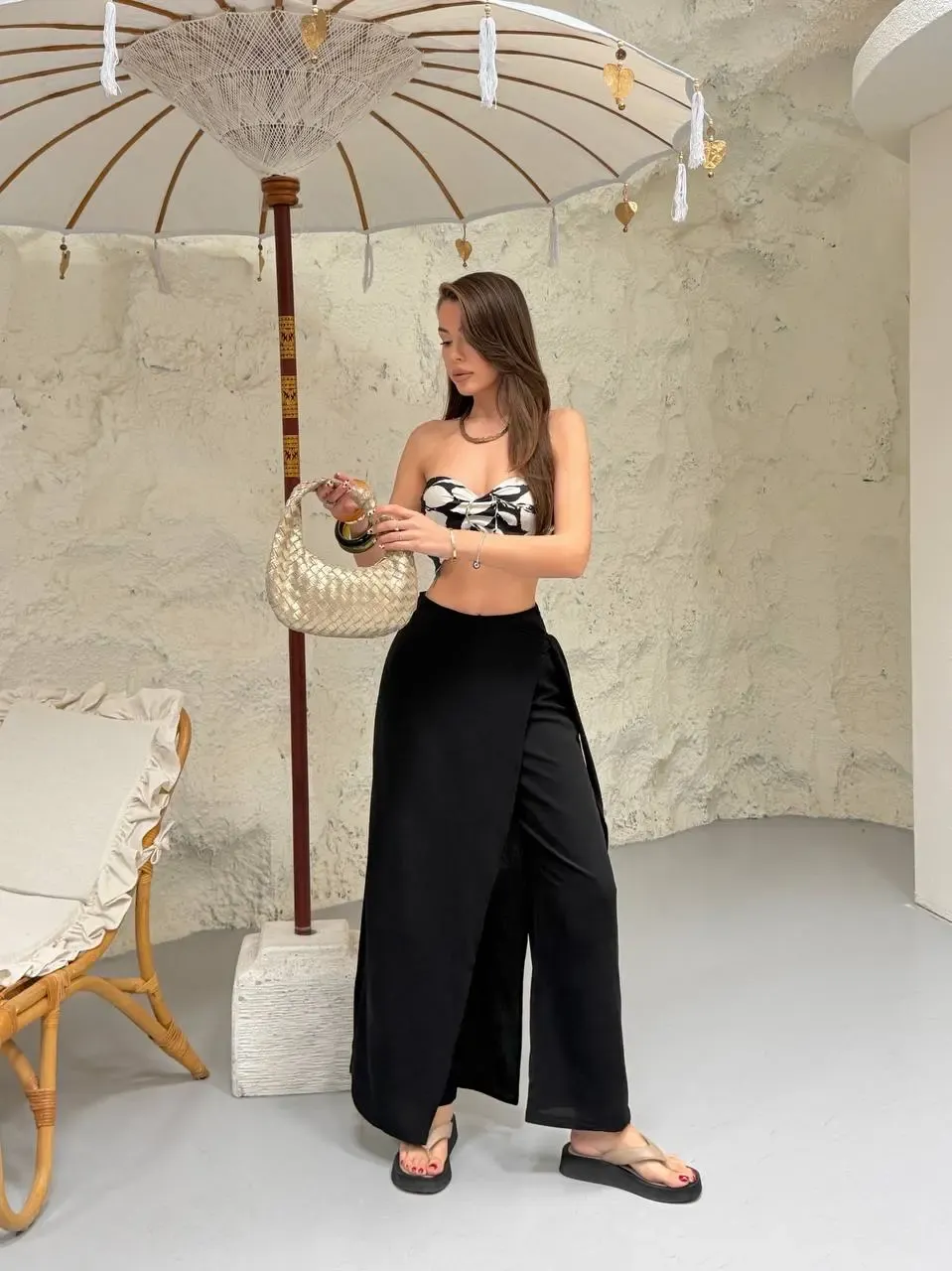 Viskon Keten Bağlama Detay Pantalon Siyah