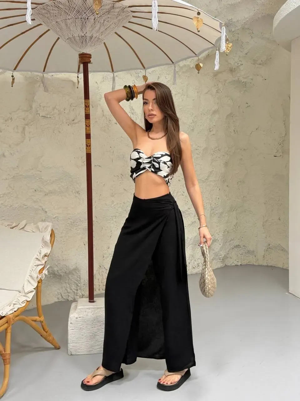 Viskon Keten Bağlama Detay Pantalon Siyah