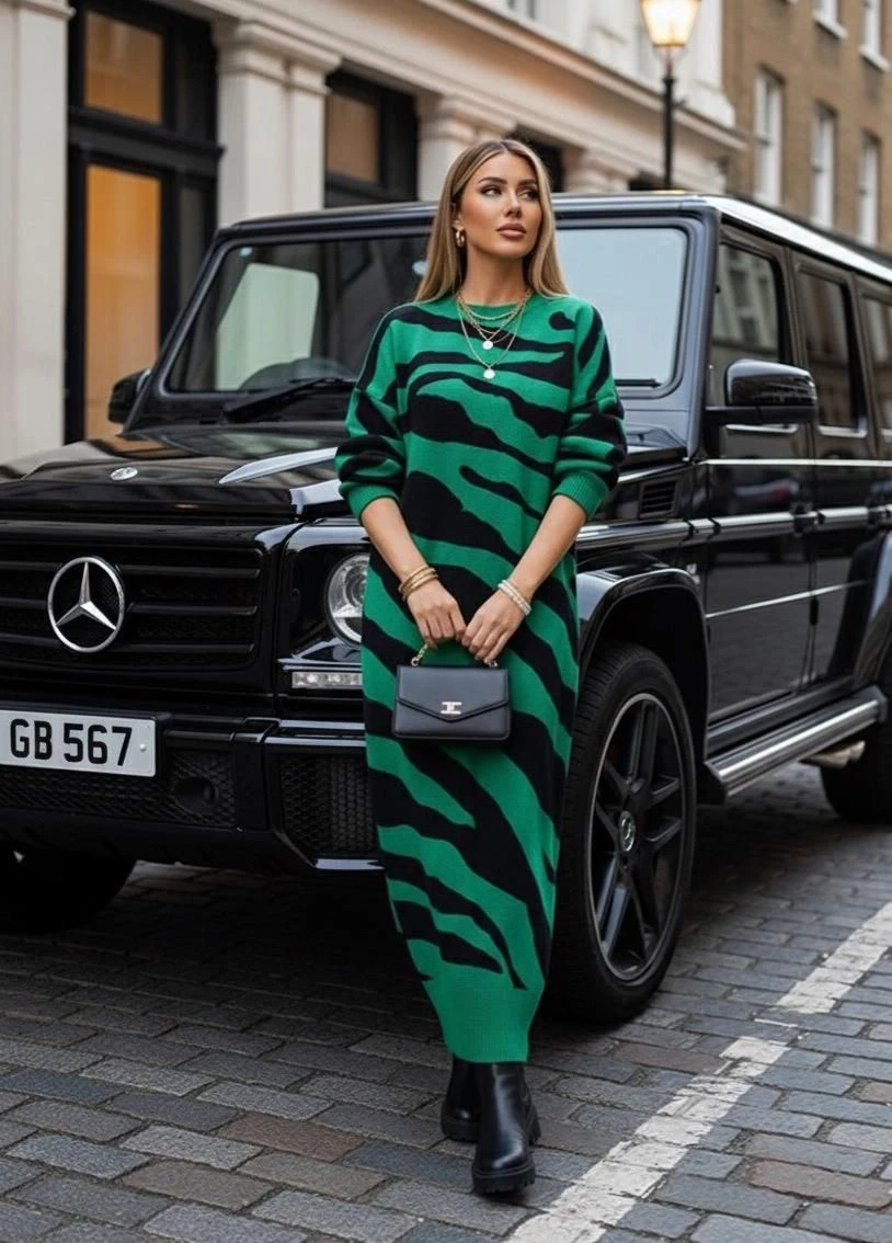 Zebra Desen Triko Elbise