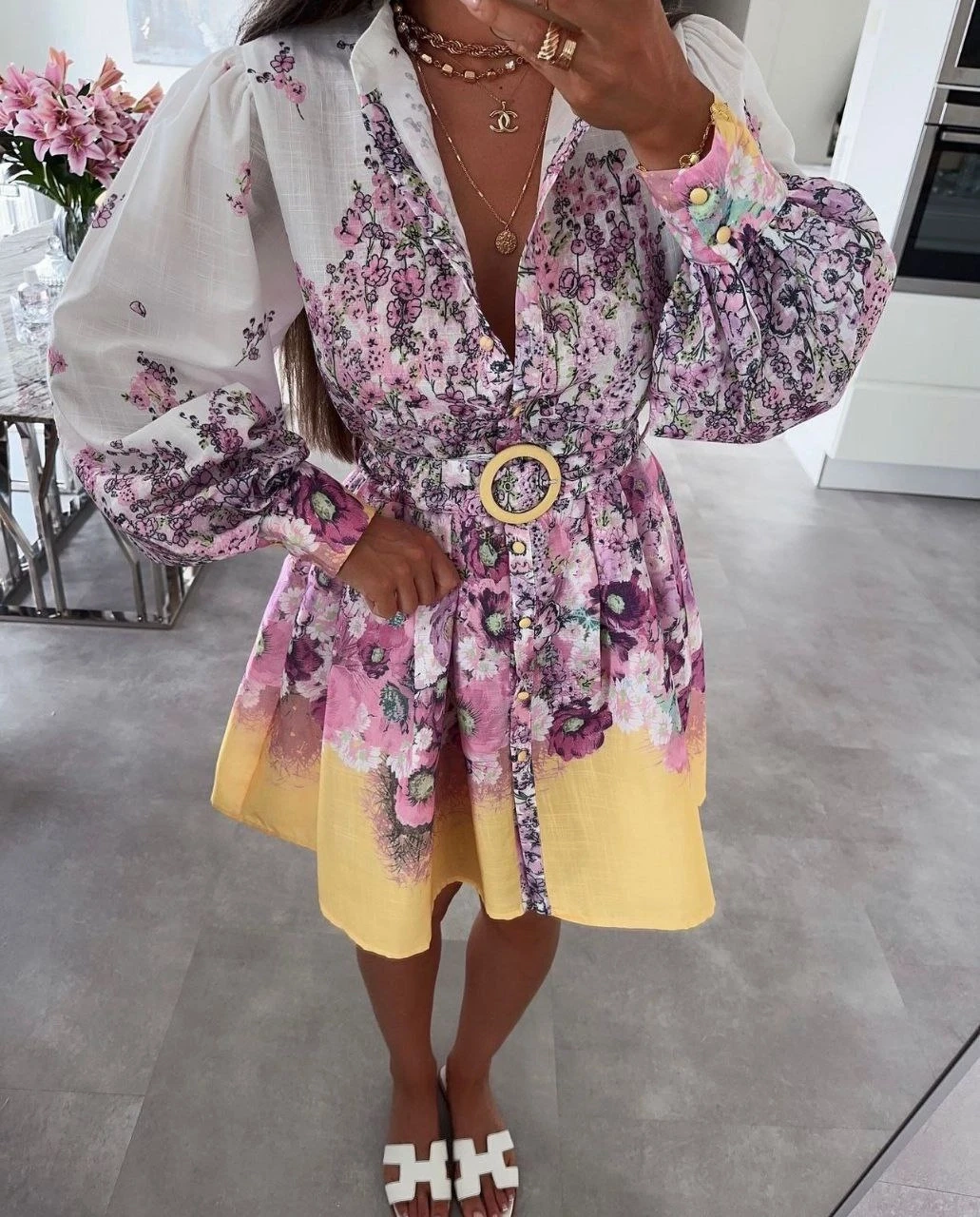 Zimmerman Desen Hakim Yaka Elbise İthal Atlas Kumas