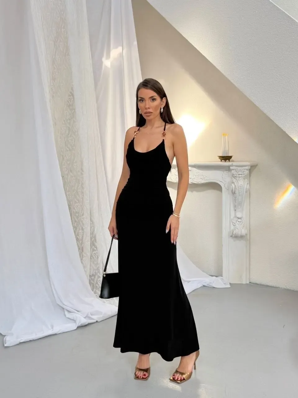 Aksesuar Detay Drape Elbise Siyah