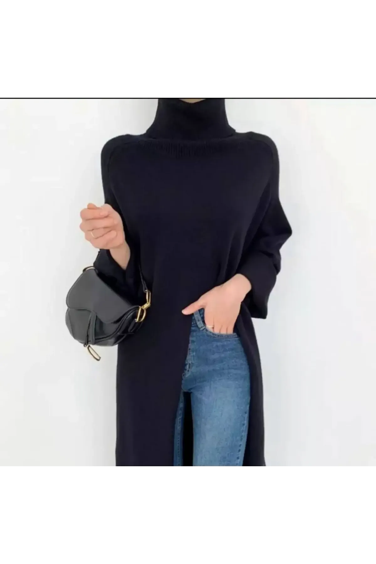 Balıkcı Yaka Yırtmac Detaylı Triko-909713-syh