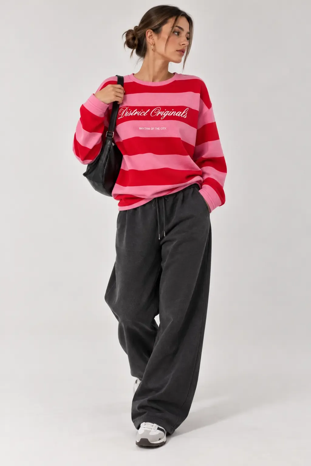 Baskılı Çizgili Bisiklet Yaka Sweatshirt