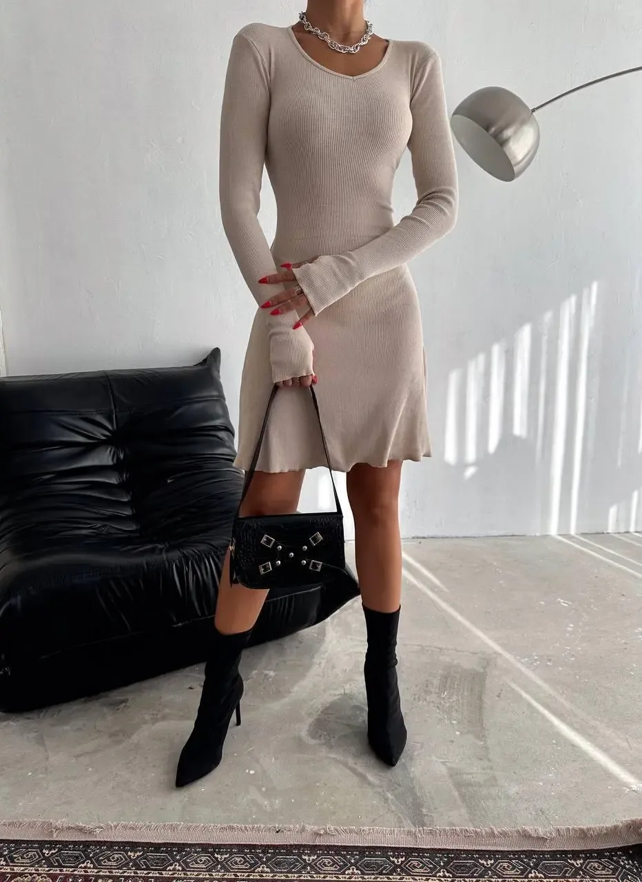 Bej Sırt Detay Kaşkorse Elbise-2175fr-bj