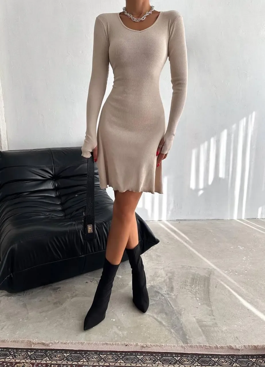 Bej Sırt Detay Kaşkorse Elbise-2175fr-bj