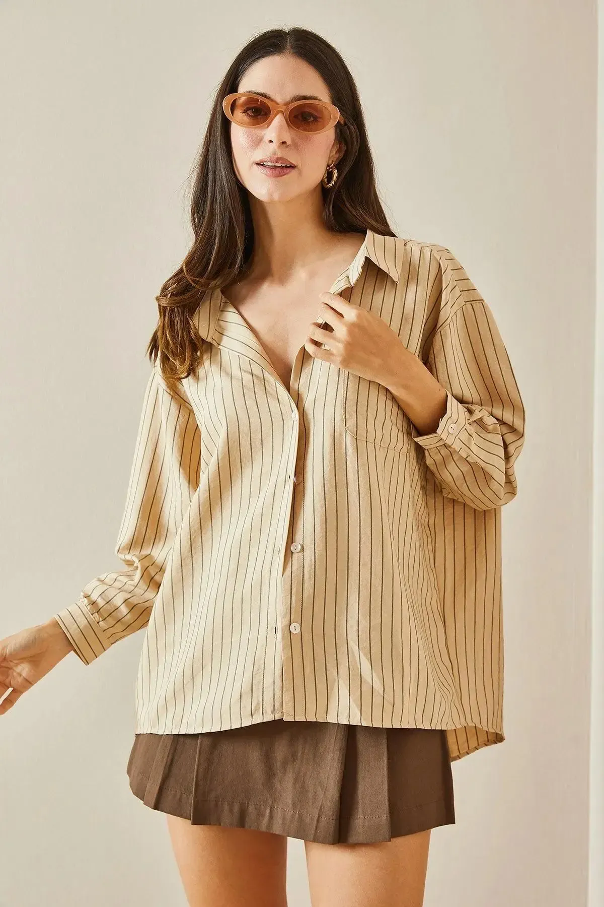 Cepli Çizgili Boyfriend Oversize Gömlek-cln1047-bj