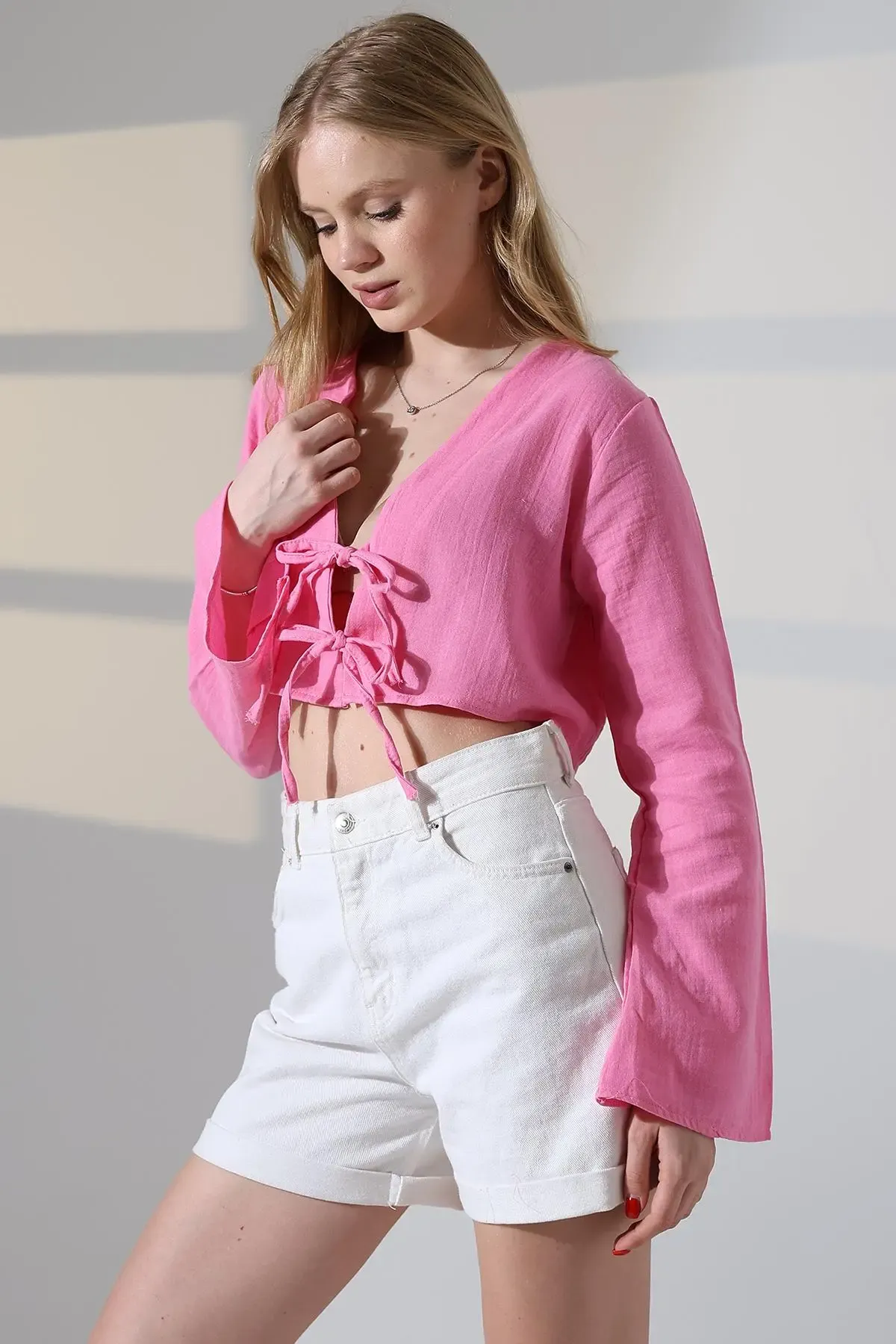 Çift Bağlama Detay Müslin Bluz Pembe-dsb1003-pmb