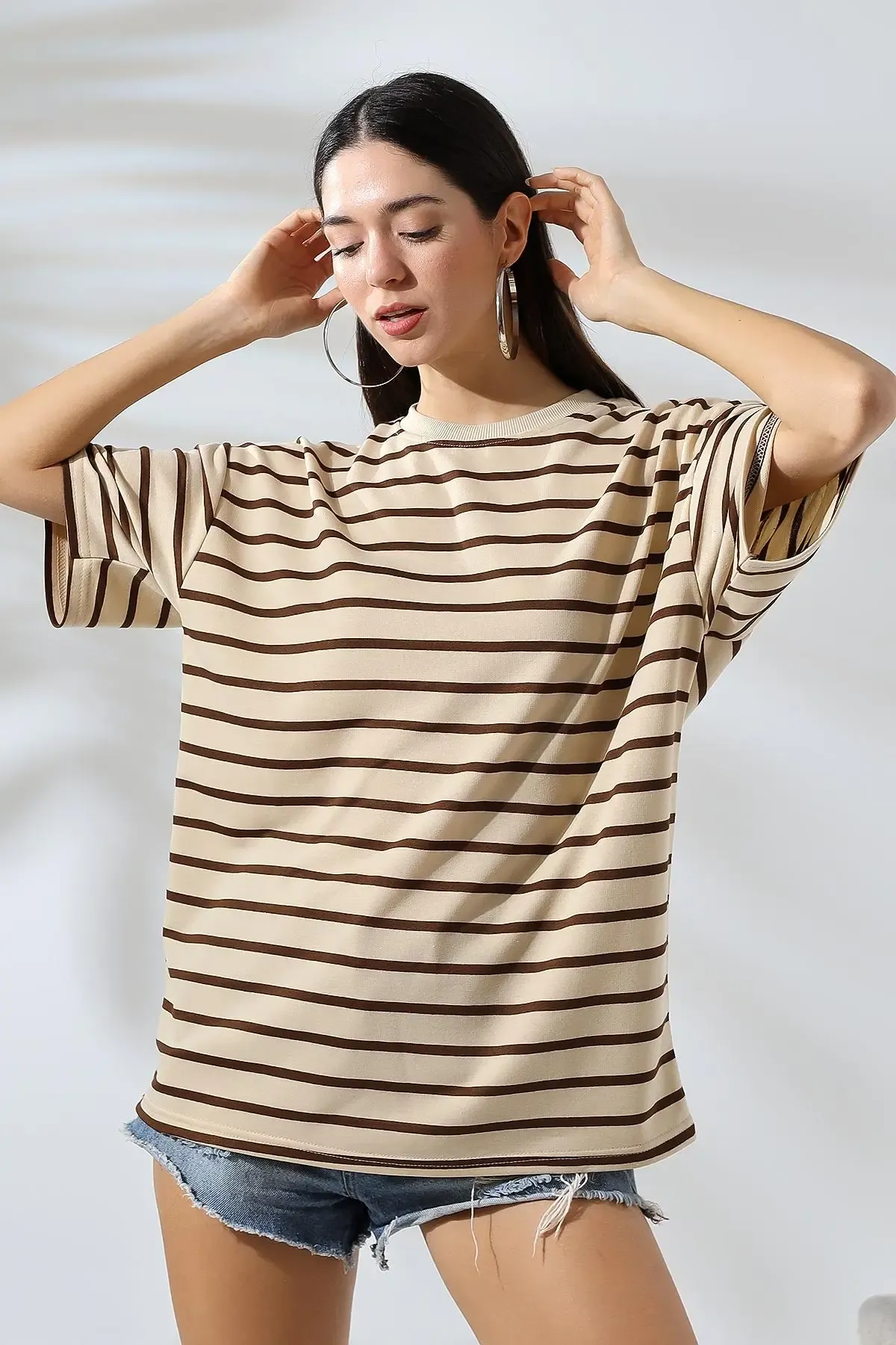 Çizgili Oversize T-Shirt-cln1013-khv
