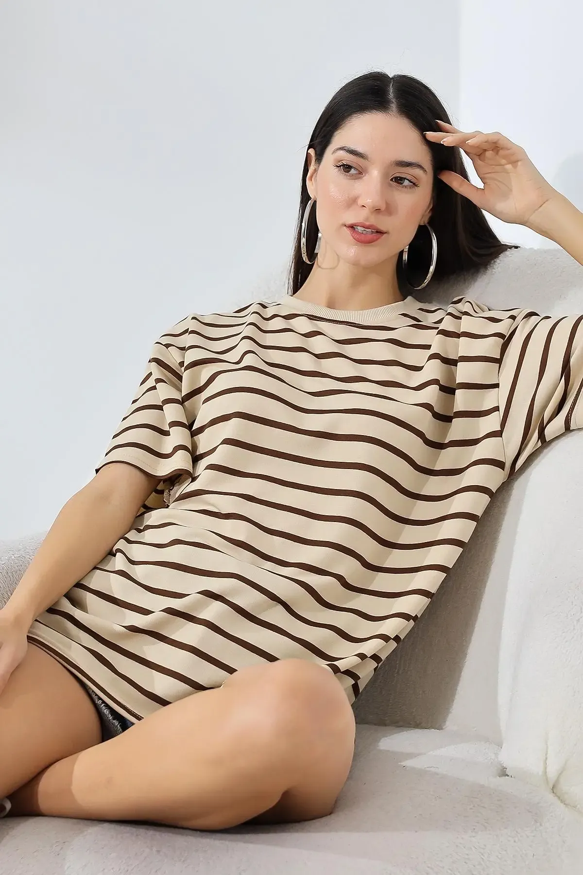 Çizgili Oversize T-Shirt-cln1013-khv