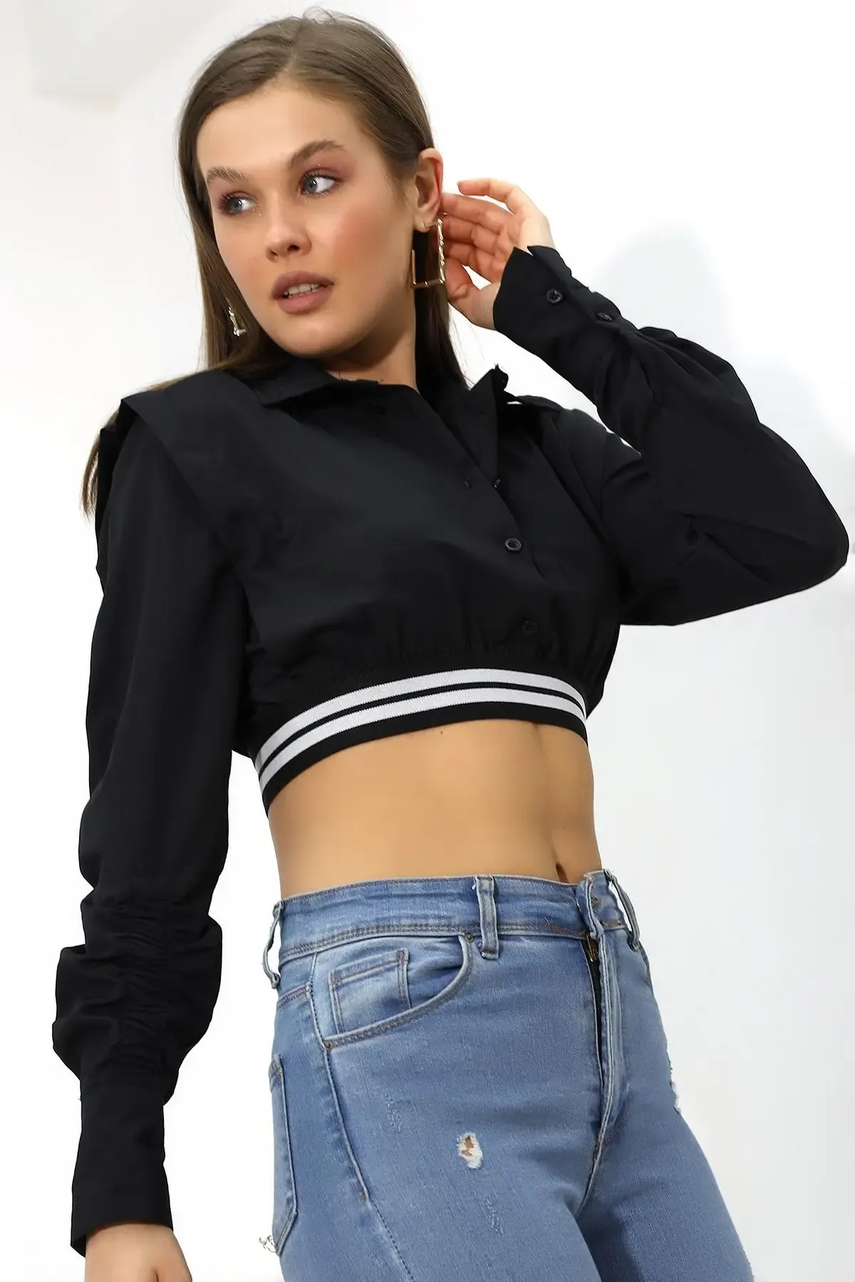 Crop Detaylı Poplin Gömlek-urtgmlk5-syh