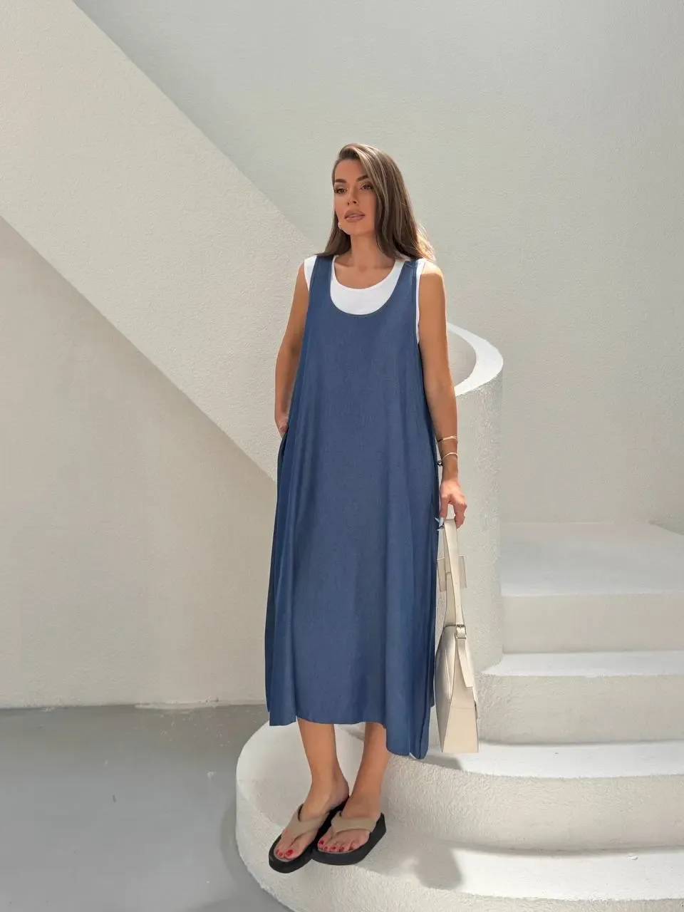 Denim Cepli Elbise ve Tshirt Mavi