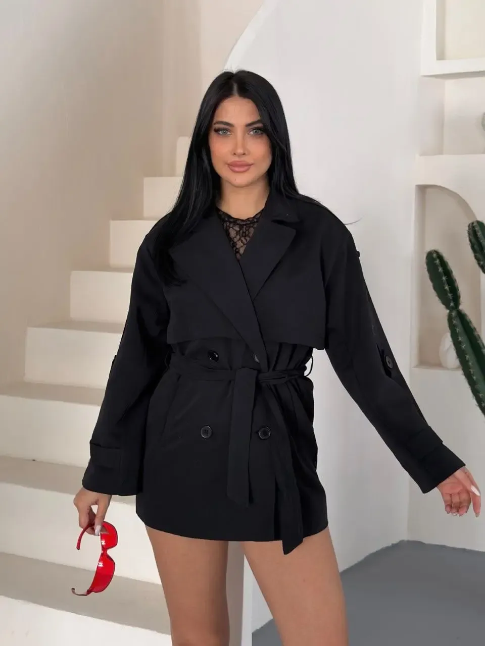 Düğmeli Bel Kuşaklı Trençkot Mont Siyah