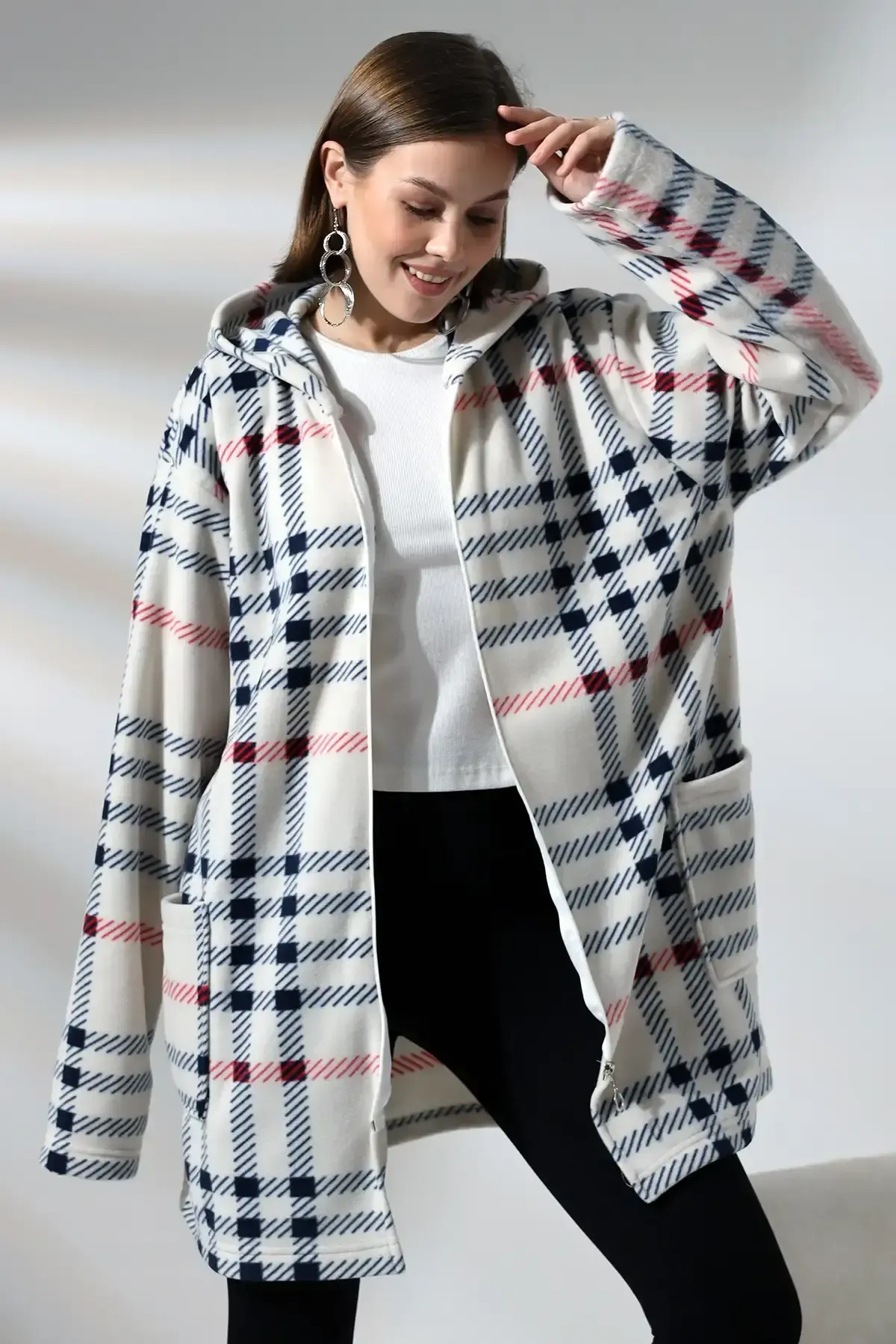 Ekose Desen Polar Ceket - Büyük Beden-nwcc-1001-byz