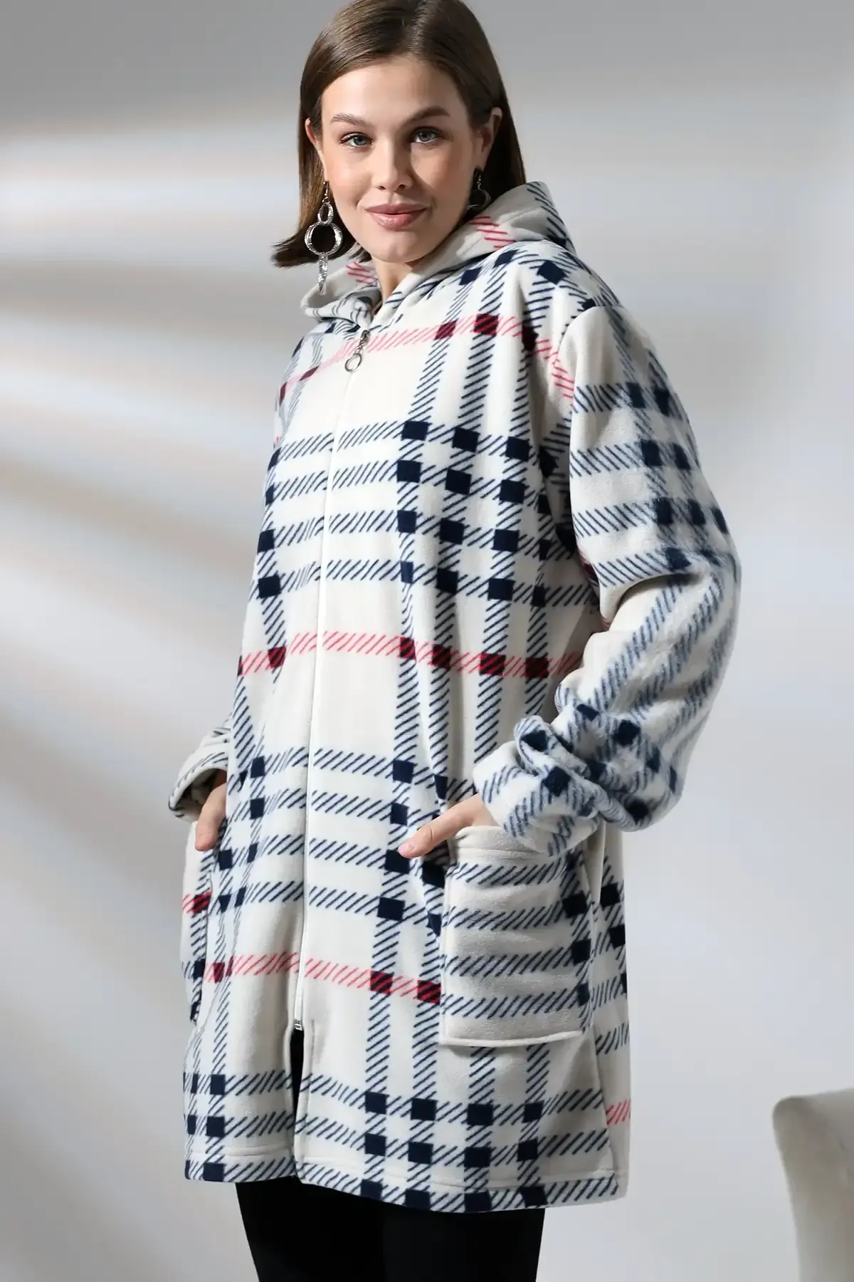 Ekose Desen Polar Ceket - Büyük Beden-nwcc-1001-byz