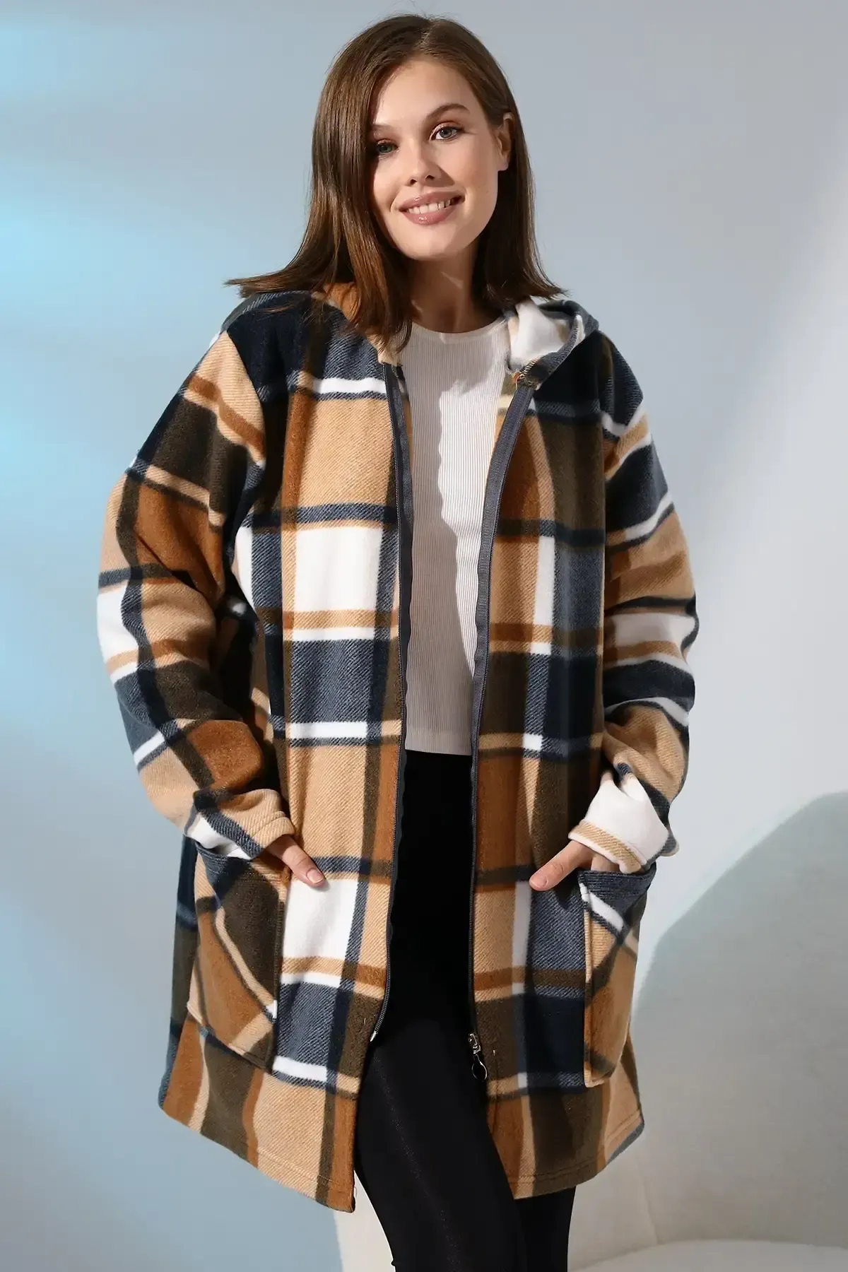 Ekose Desen Polar Ceket - Büyük Beden-nwcc-1001-cml