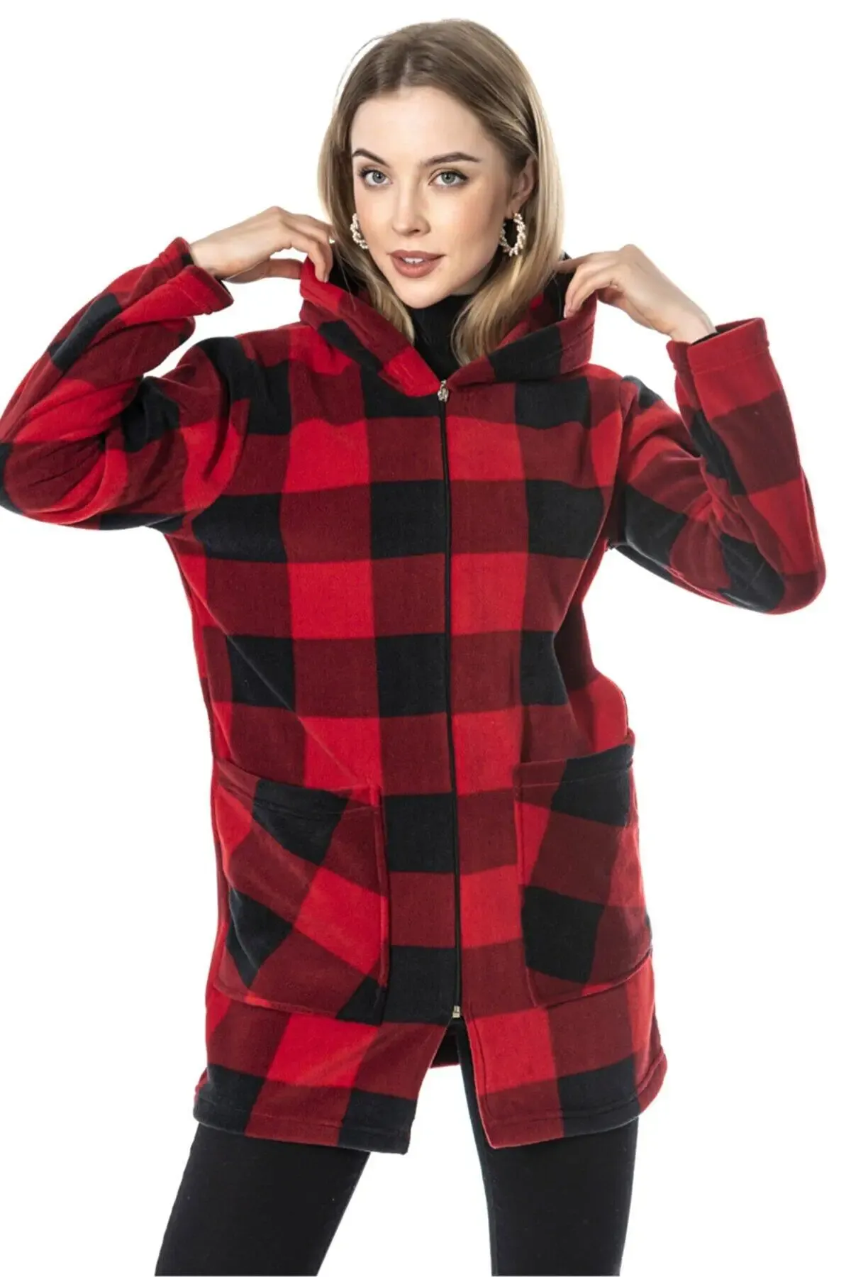 Fermuarlı Ekose Desen Polar Hırka-cchkrek101-krm